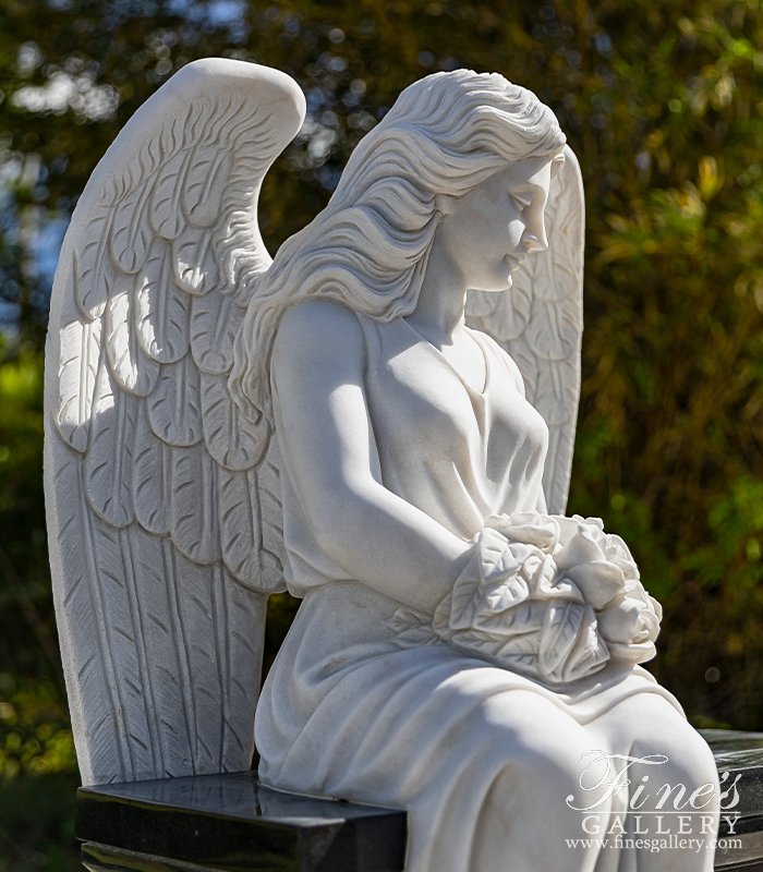 Marble Memorials  - White Marble Angel With Black Granite Bench And Urns - MEM-519